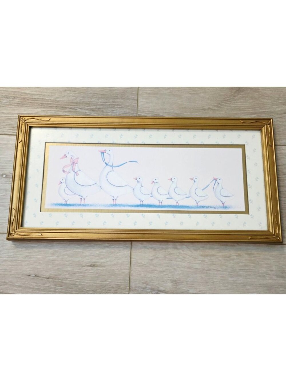 Vtg Goose Geese Family Farmhouse Cottage Art Print Decor Gold Frame Decorative